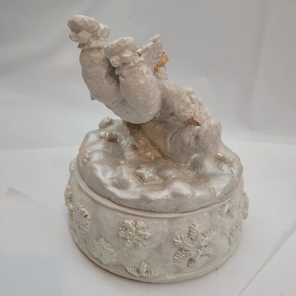 Rare Vintage Winter Angel Cherubs Rotating Music Box Iridescent Snowflake Child